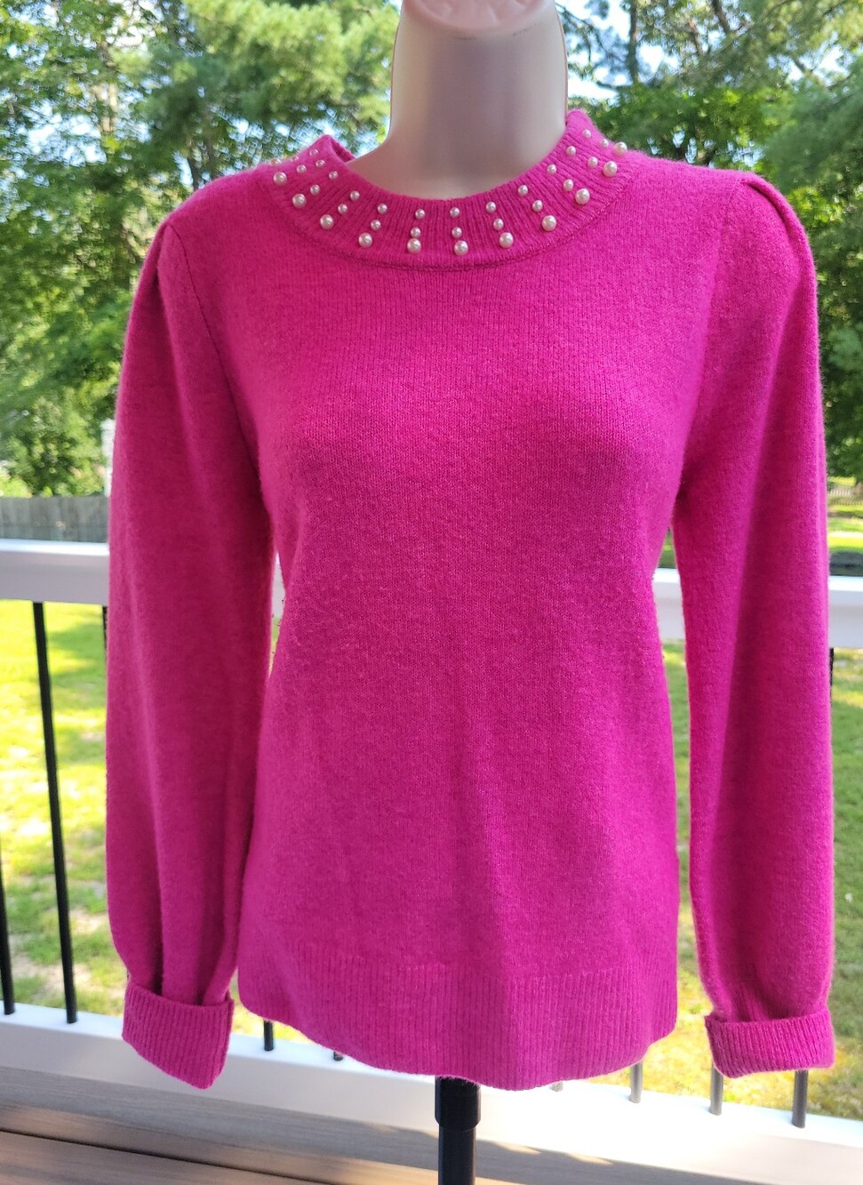 CeCe Fuchsia Pink Crewneck Pullover Sweater with Faux Pearl Embellished Collar